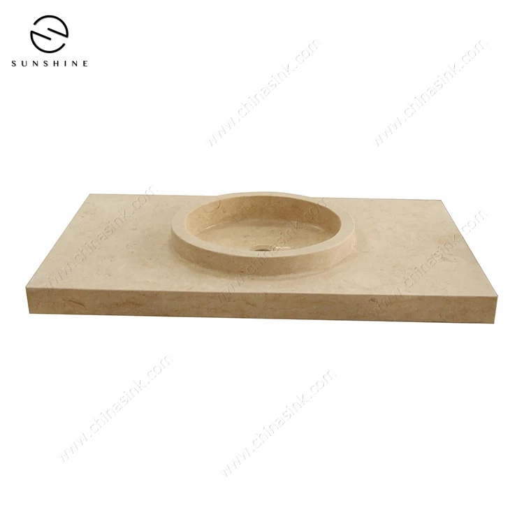 Custom Logo Beige Cream Marble Stone Washbasins Vanity Bathroom Vanity With Sink Wash Basin Price