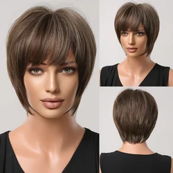 Perruque Courte Pixie Synthétique Brun Châtain Clair - Avec Frange - 4 Bonnets Inclus - Neuf