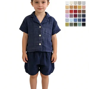 Wholesale Custom Logo Muslin Cotton Infant Outfits Short Sleeve Lapel Shirt Cotton Shorts Breathable Kids Girl Boy Clothes Set