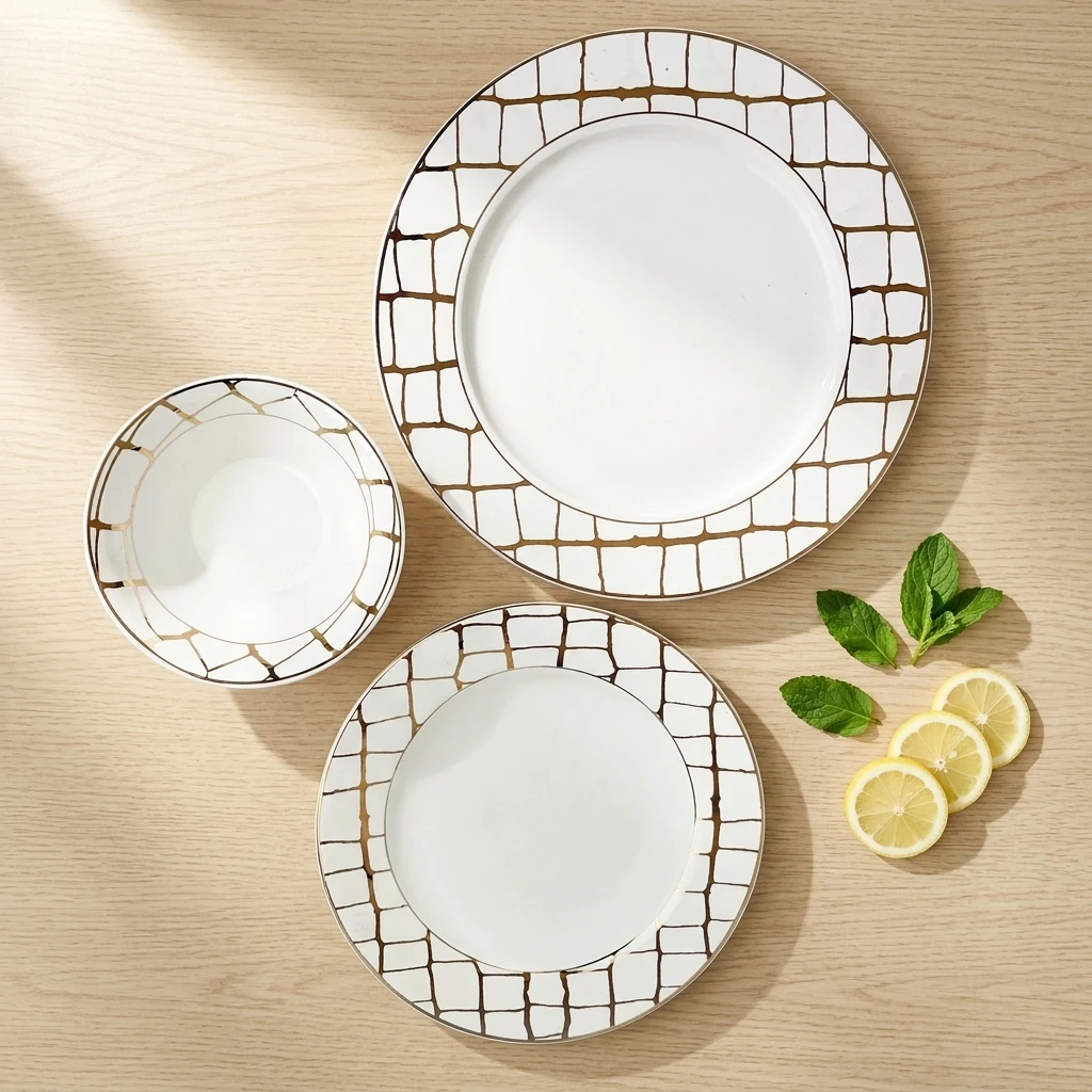 Groothandel luxe serviesset van 18 stuks in keramiek, porselein en steengoed met gouden motieven, modern westerse stijl, elegante tafelgerei