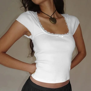 Square Collar Slim Top Spring and Summer Women's New Short-sleeved Lace Solid Color Bottoming T-shirt