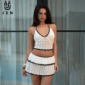 JSN 2026 Customized Solid Sexy Knitted Beach Dress Swimsuit Cover-up Halter v Neck Backless 2 Piece Ruffle Bikini Set with Skirt