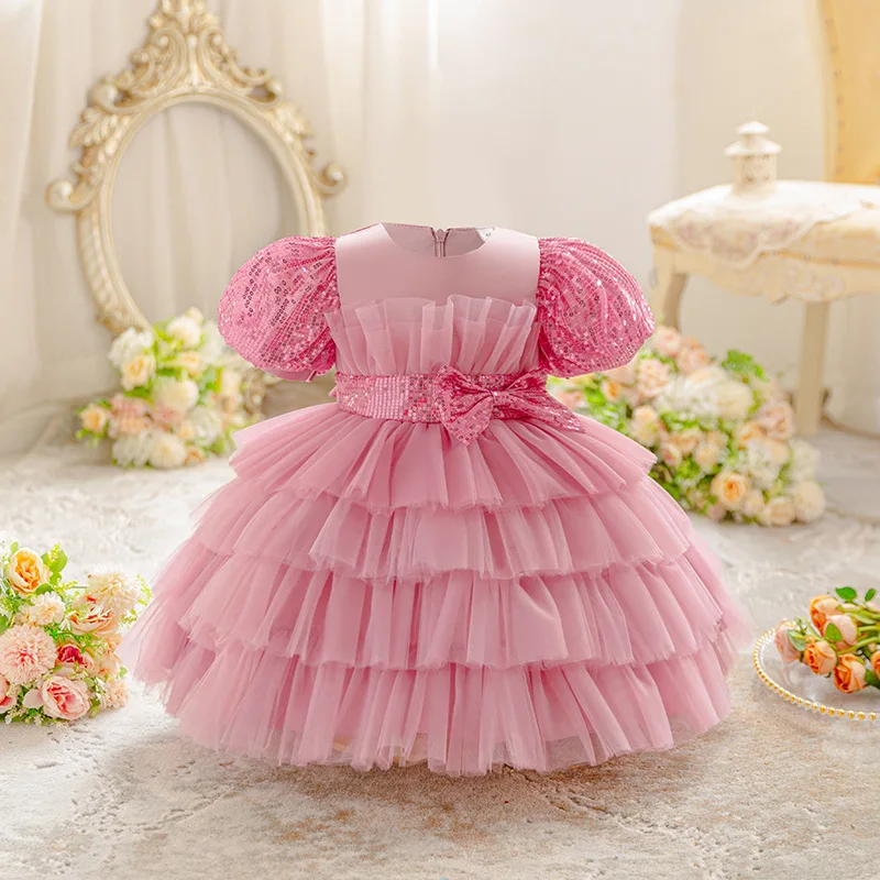2025 Kids Summer Mini Dress Formal Satin with Sequined Net Layered Ruffle  Decorated Bow ODM Wholesale for Children