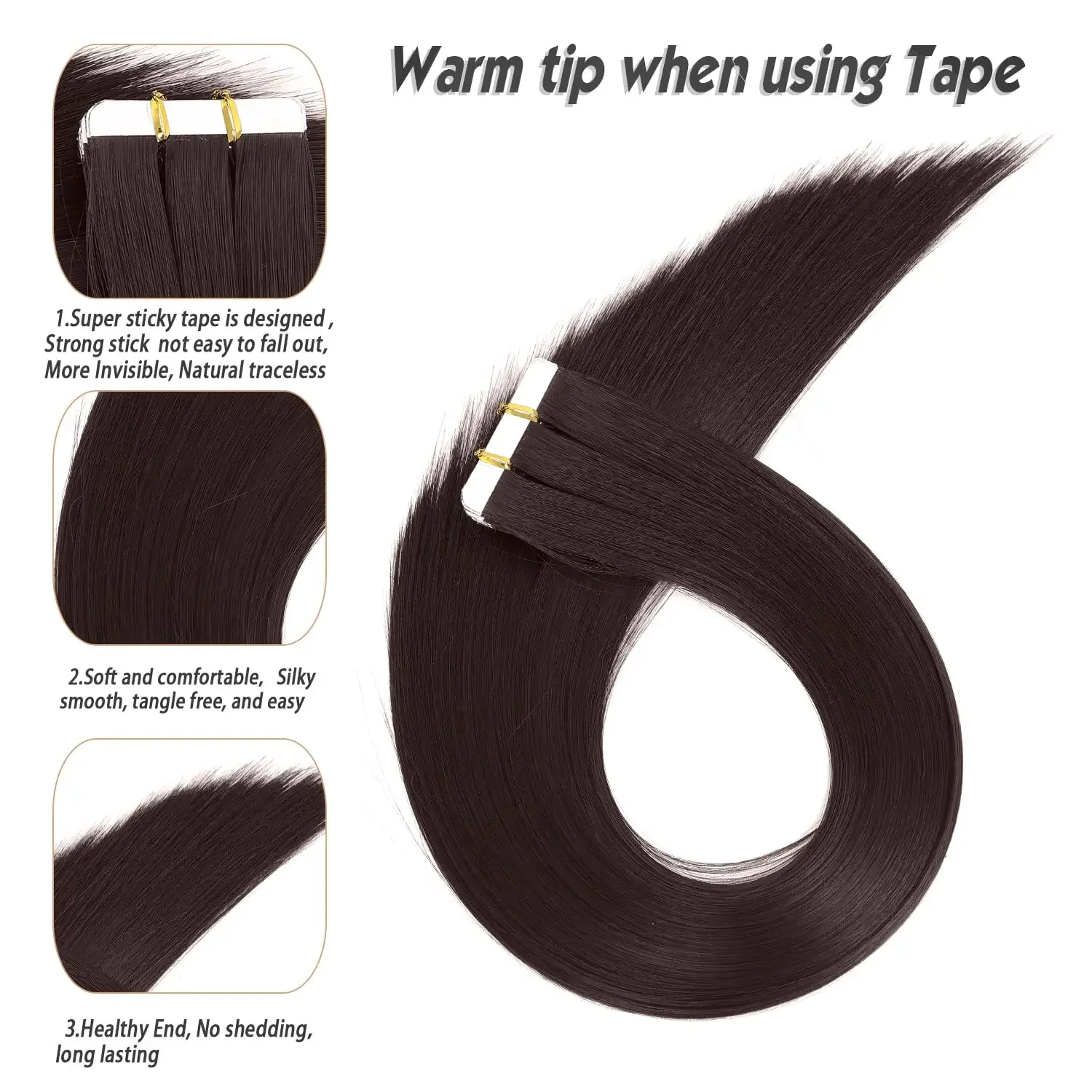 Dunkelbraunes Tape in Echthaar-Extensions, Remy-Haar, glatt, Echthaar, nahtlos, Hautschuss, 16-26 Zoll_voghion.com