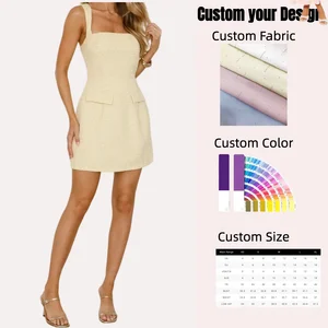 Women's Casual Summer Mini Dress with Square Neck Backless Halter Knee Length Solid Faux Pockets Tweed Woven Fabric Daily Wear