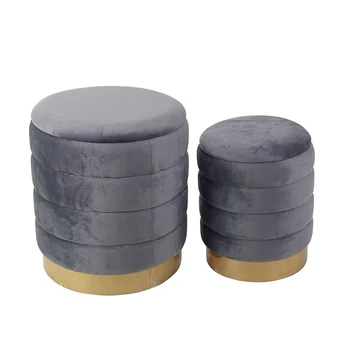 2025 Round Ottoman with Storage Set of 2 Cream-coloured Velvet Storage OttomandStool for Living Room Vanity Stool