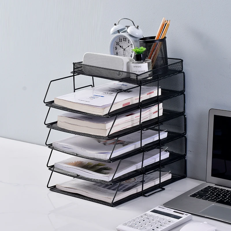 Office supply Desk Table Metal Wire Mesh 6 Vertical Compartment Metal Mesh File Organizer with 2 trays