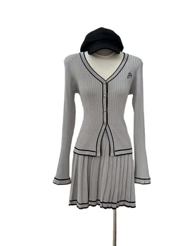 Guangzhou Auyan High Quality Slim-fit Waist Knit Cardigan Top Women Pleated Skirt Two-piece Set