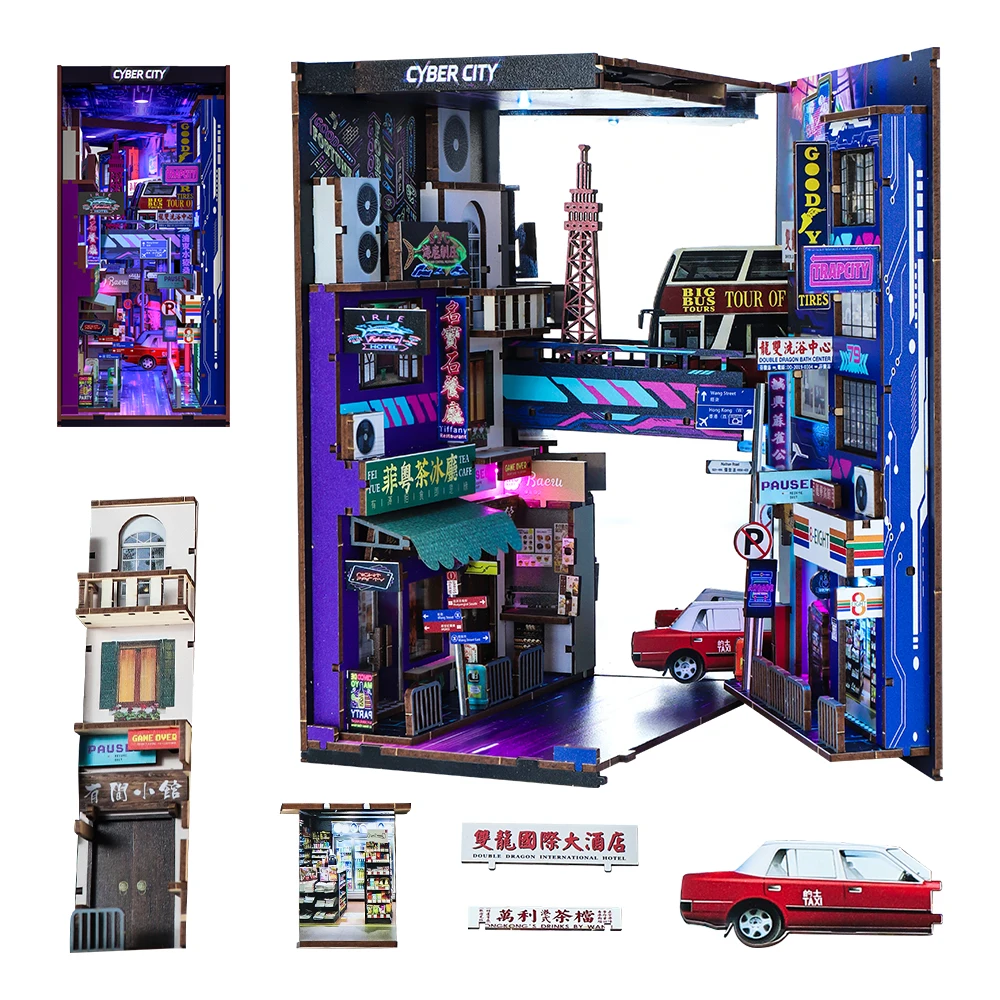 DIY Cyberpunk Book Nook Kit 3D Wooden Puzzle Miniature House with LED Light Custom Booknook for Adults Home Decor Gift Low MOQ