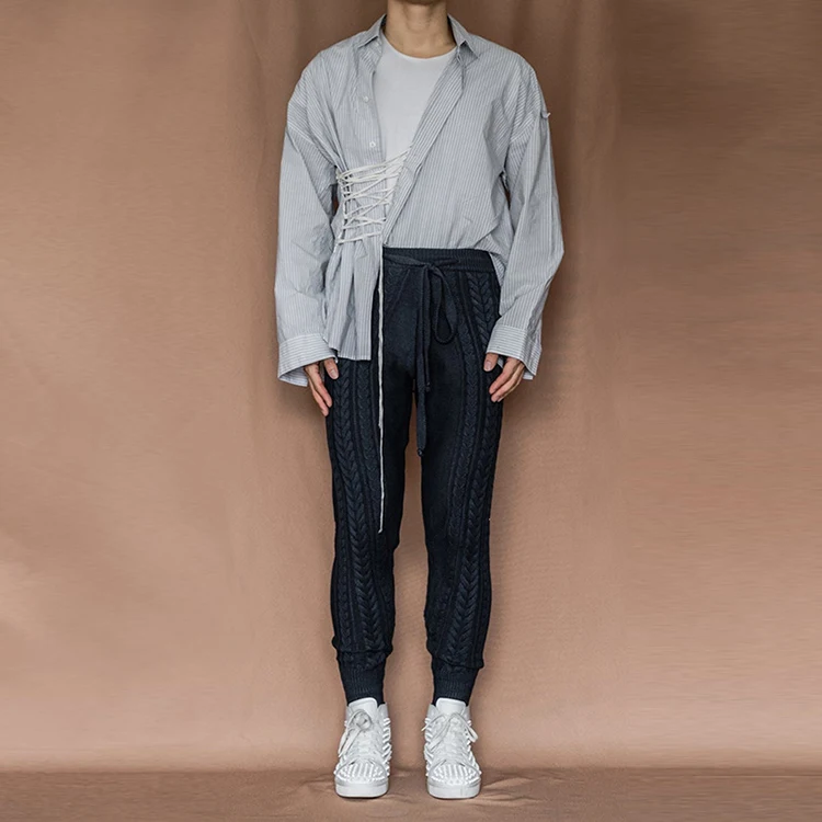 Fashion Lace-up Zipper Little Feet Pants For Men Drawstring Mid Waist Pants Autumn Casual Men Slim Knitted Cropped Trousers