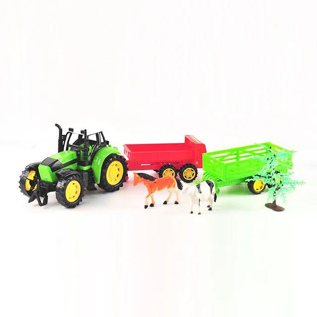 Green and Red Plastic Friction Tractor Toy Horse Farm Set