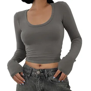 Spring and Summer Women's Long Sleeved Short Round Neck Fashionable Versatile Casual T-shirt