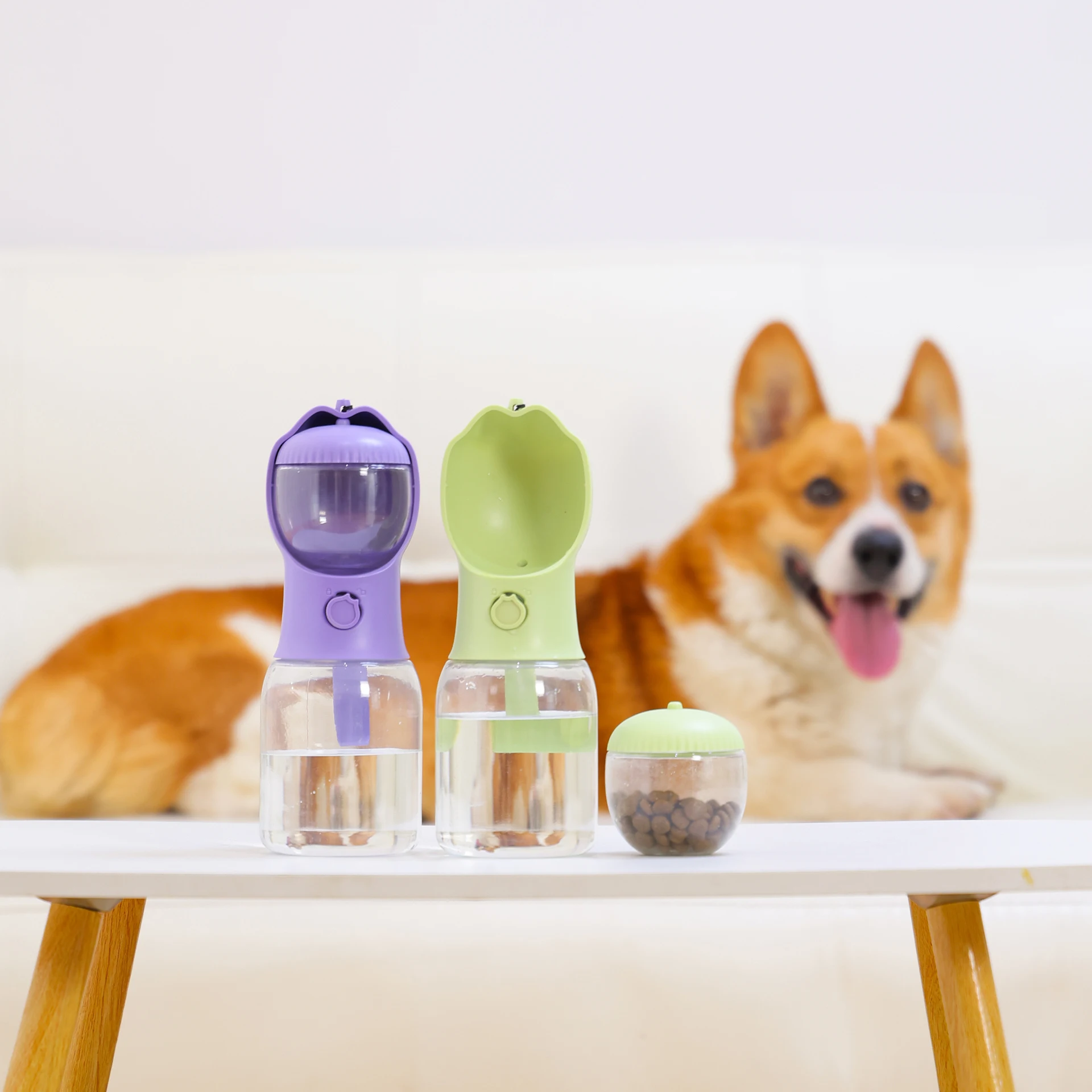 Portable Dual Chamber Dog Water Food Cup Hanging Design Outdoor Walking Travel Pet Water Bottle for Small Puppy