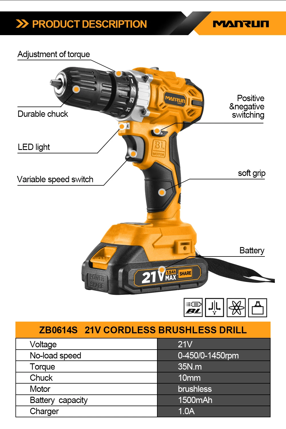 Manrun 21v Brushless Cordless Impact Drill Driver Power Impact Drill