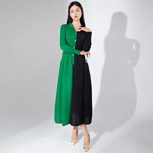 2025 New Mid-Length Miyake Pleated Dress Color Block Single Breasted Casual Pullover Shirt Pleated Dress