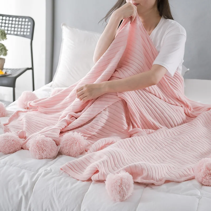 100% cotton decorative ball  living room sofas swadloon plush knitted throw blanket DQT manufacture