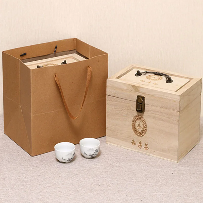 Handmade Rectangular Paulownia Wood Tea Storage Box with Hinged Lid and Handle Multifunctional Gift Wooden Box