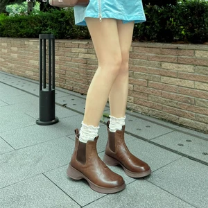 LOB Women's Winter Fashion Chelsea Slip-On Ankle Boots Solid Color Genuine Leather 5cm Heel Thick Rubber Sole Multiple Sizes