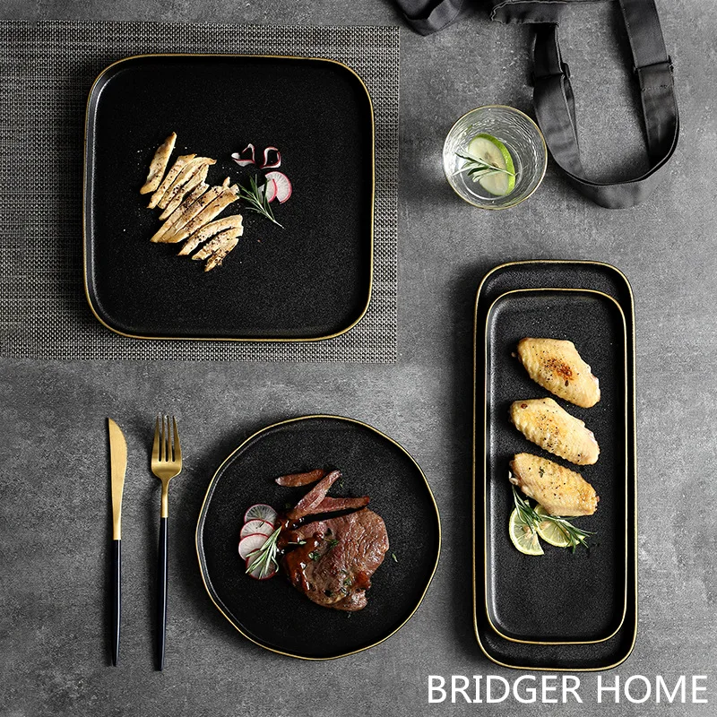 Matte Black with Gold Rim Dinner Plates Elegant Durable - Main Image
