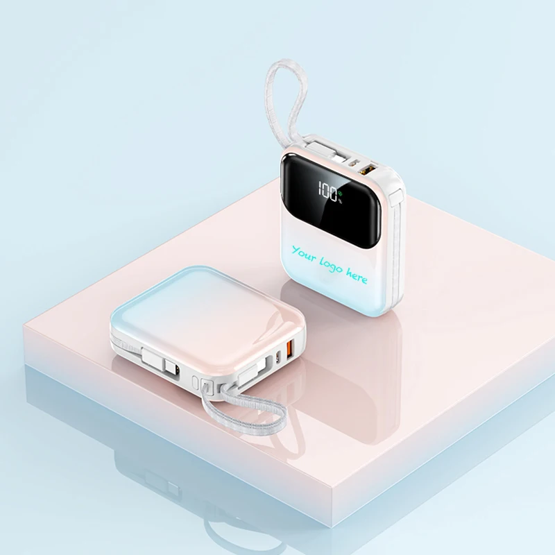 Custom Logo 10000mAh Power Bank for Corporate Gift Promotional Giveaway New Design 22.5W Fast Charge USBC 2 in 1 Cable Powerbank