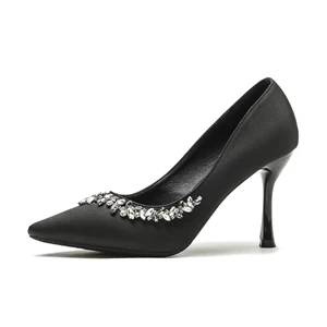 Women's Office Shoes Fashion Black Satin Stiletto Heel Pumps with Rhinestone Embellishment Comfort Summer Slip-On 5cm/7cm