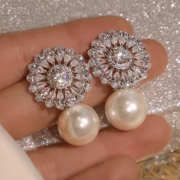 Wholesale korean stylish pearl earring jewelry women cubic zirconia wedding bridal fashion earrings