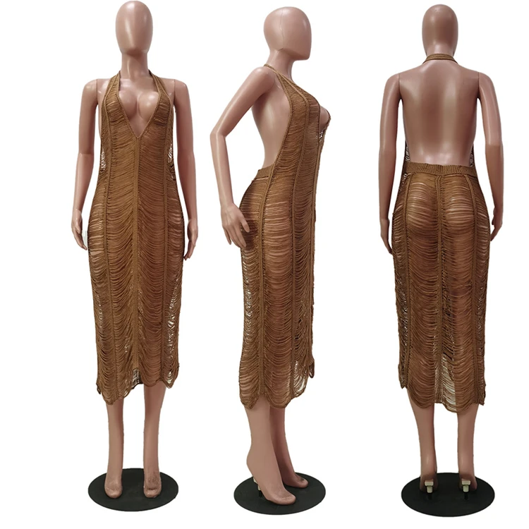 MOEN Trend Sexy robe Knitting Carved Sleeveless Slip Women Clothes 2021 Casual Dress Women Sun Dresses