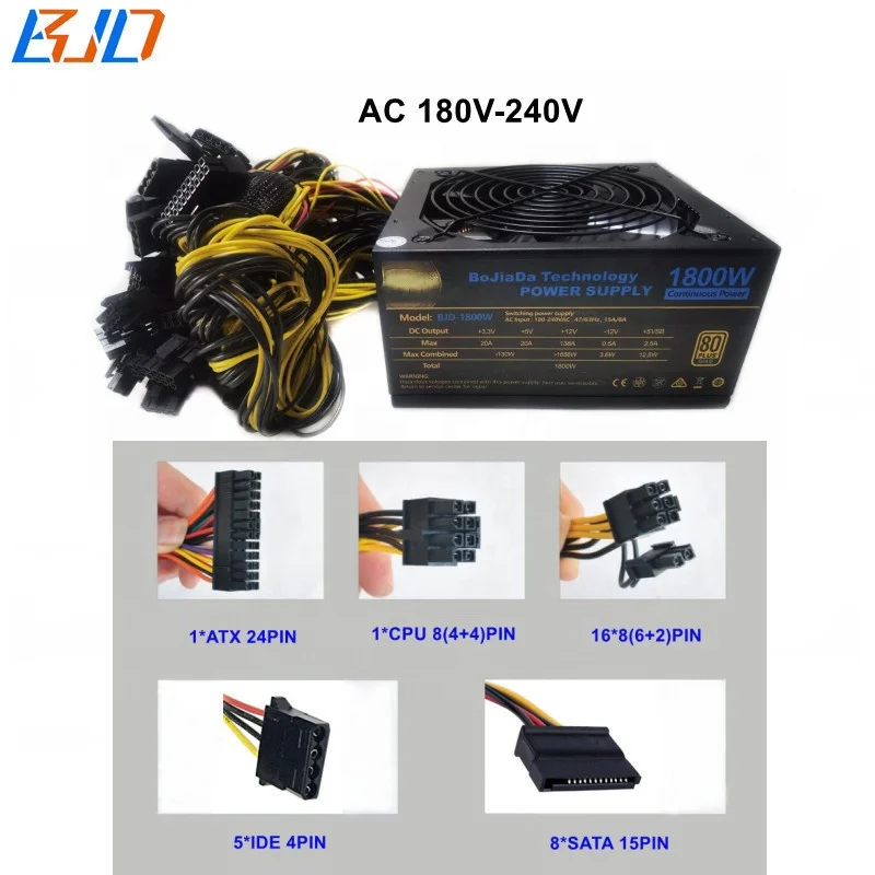 Новый Настольный импульсный источник питания 1800 Вт ATX 24PIN PSU 180Vac-277Vac бесшумный вентилятор с поддержкой 8 видеокарт