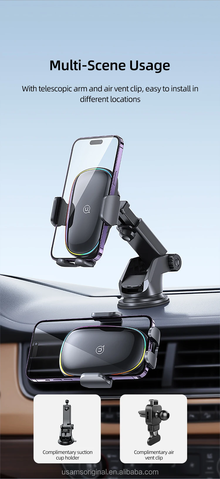 Cd187 Usams 15w Wireless Charging Car Holder With Colorful Light For