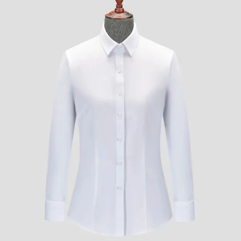 Chemise d'affaires formelle à manches longues, blanc pur, couleur unie, col régulier, chemisier décontracté pour femmes