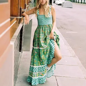 Green Long Dress Sleeveless Strap Loose Women's Casual Dresses Print Boho Vestidos