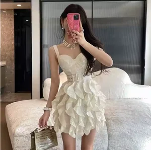 New Arrival Luxury Custom Women's Off-the-Shoulder White Elegant Dress Luxurious Ruffled Spandex Fabric Lace for Birthday Gown
