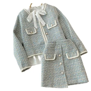 Customize Spandex/Polyester Women's Two-piece Tweed Jacket Three-piece Suit Skinny Fit Midi Length Bow Tie Shirt Hip Skirt