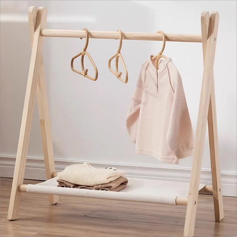 Solid Wood Children's Clothes Rack Multi-Functional Storage