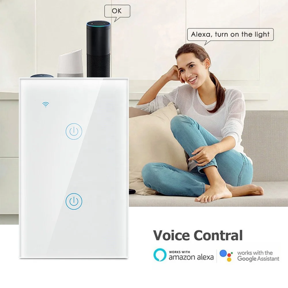 Оптовая продажа Wi-Fi 2 Gang сенсорный переключатель электрических выключателей 220V/2,4 ГГц пульт дистанционного управления Wi-Fi выключатель света Умный дом работает с Alexa google