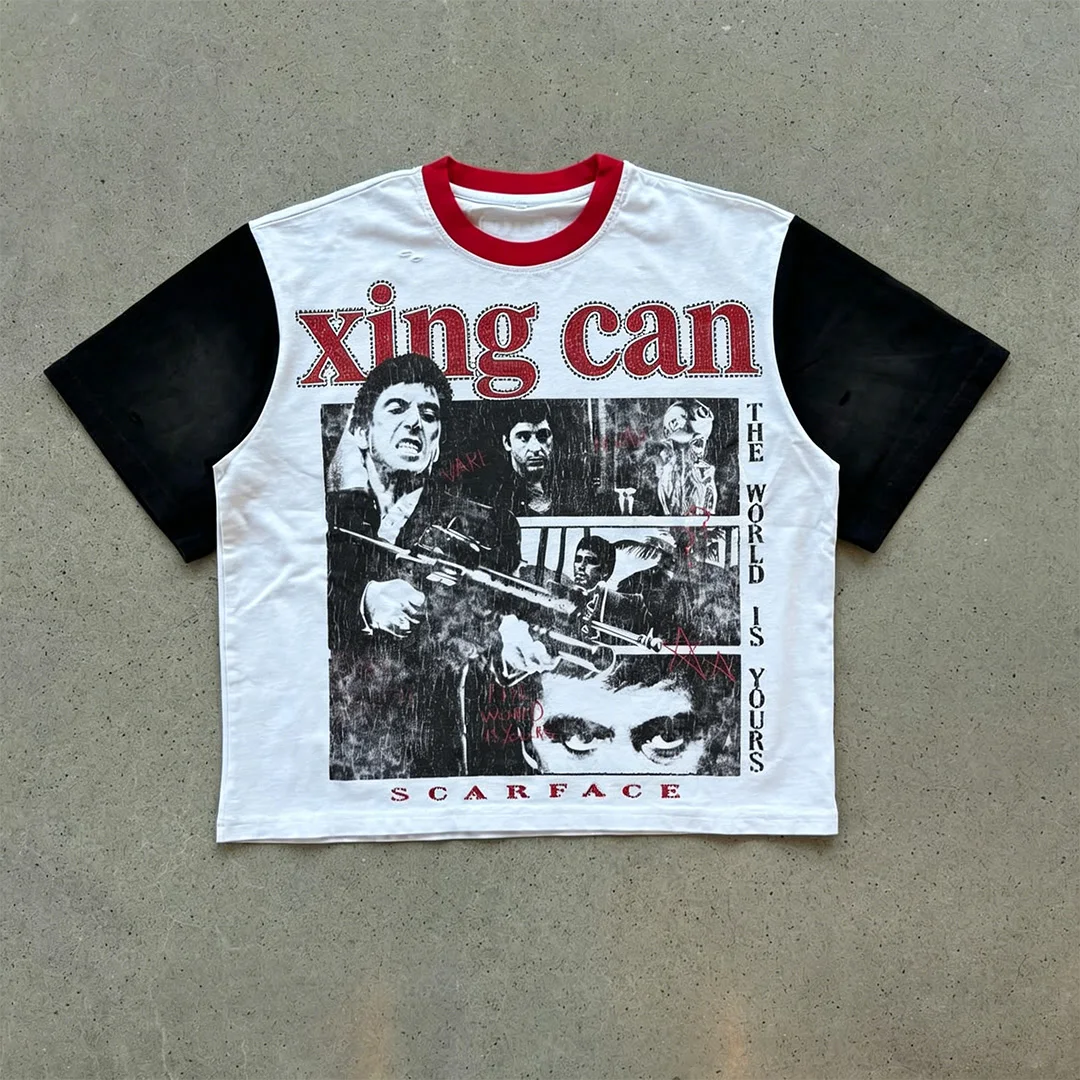 Spersonalizowany męski T-shirt amerykańskiego stylu ulicznego z efektem zużycia, krótki rękaw, nadruk postaci + litery z kryształkami, styl uliczny, możliwa personalizacja