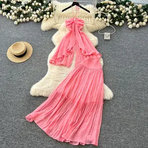 STOCK Two Colors Women's Two Pieces Set Sleeveless Shirt Top and Long Skirt Set Pretty Casual Clothing S-L