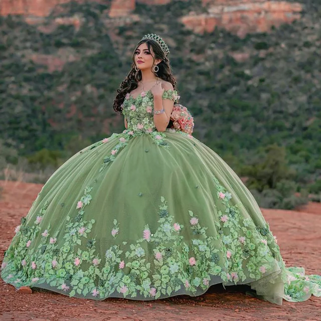 Mumuleo Sage Green 3D Flowers Floral Appliques Lace Quinceanera Dresses Ball Gown Princess Sweet 15 Dress Off The Shoulder