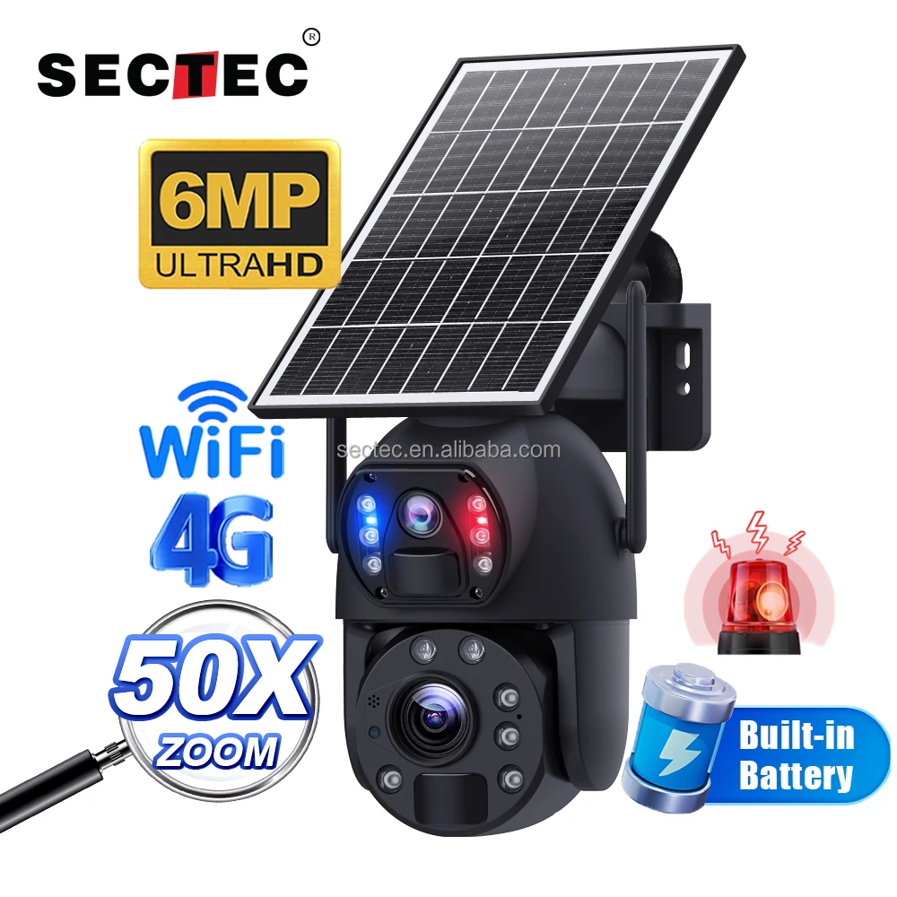 Big Zoom 50X 6mp 3K Dual Lens 4G Solar Camera Metal Case IP66 PTZ Laser Light Dual PIR Camera Human Detection GSM CCTV IP Camera