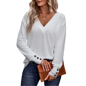 Women's Classic Button Plain Dyed T-Shirt Solid V-Neck Breathable Loose Batwing Sleeve White Casual Y2K Spring New Arrival