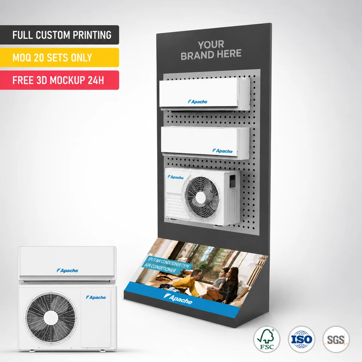 Custom Metal Pegboard Air Conditioner Display Stand Floor Standing HVAC Split AC Showroom Rack Mini Split Heat Pump Appliance Display for Home Appliance Store Electronics Retail Showroom Exhibition with Logo Header Board