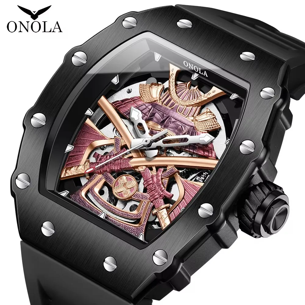 ONOLA 3865 Automatic Movement Mechanical Watches for Men Fashion  Black-warrior Hollow High Quality Waterproof Watch Reloj Hombre