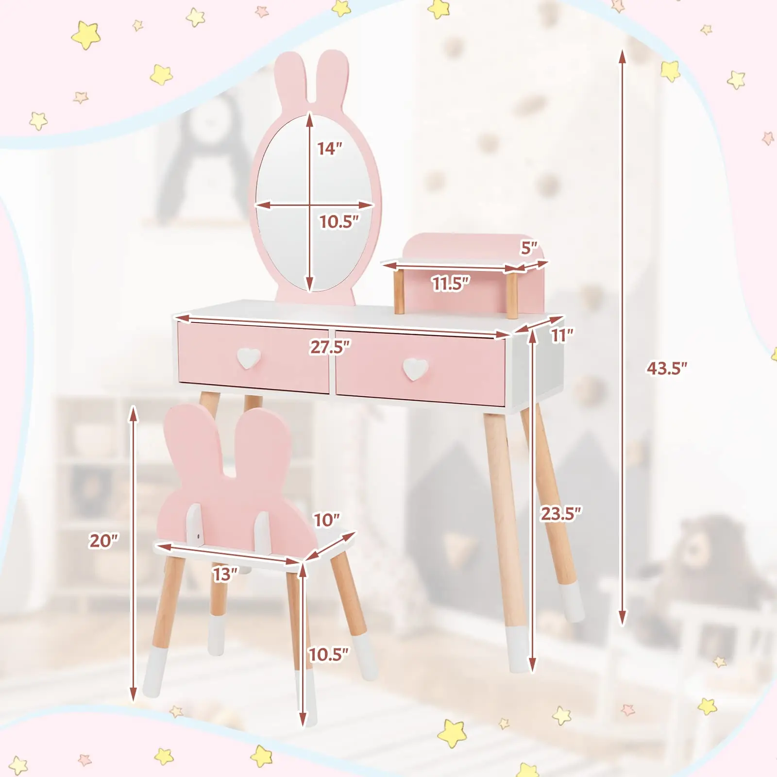Nordic Modern Design Wood Dresser MDF Panel Vanity Set with Mirror for Kids for Home or Hotel Bedrooms
