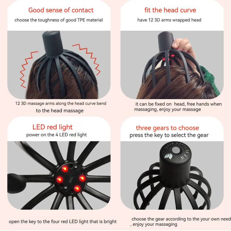 Automatic 12 Heads Finger Rechargeable Smart Vibration Spider Head Massage Tool Vibrating Octopus Electric Scalp Head Massager