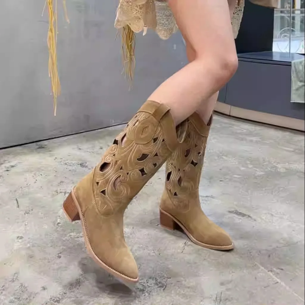 Ladies Wood Low Heels Suede Hollowed Out Sandals Boots Embroidered Ankle Women Mid-calf Western Cowboy Boots - Image 6