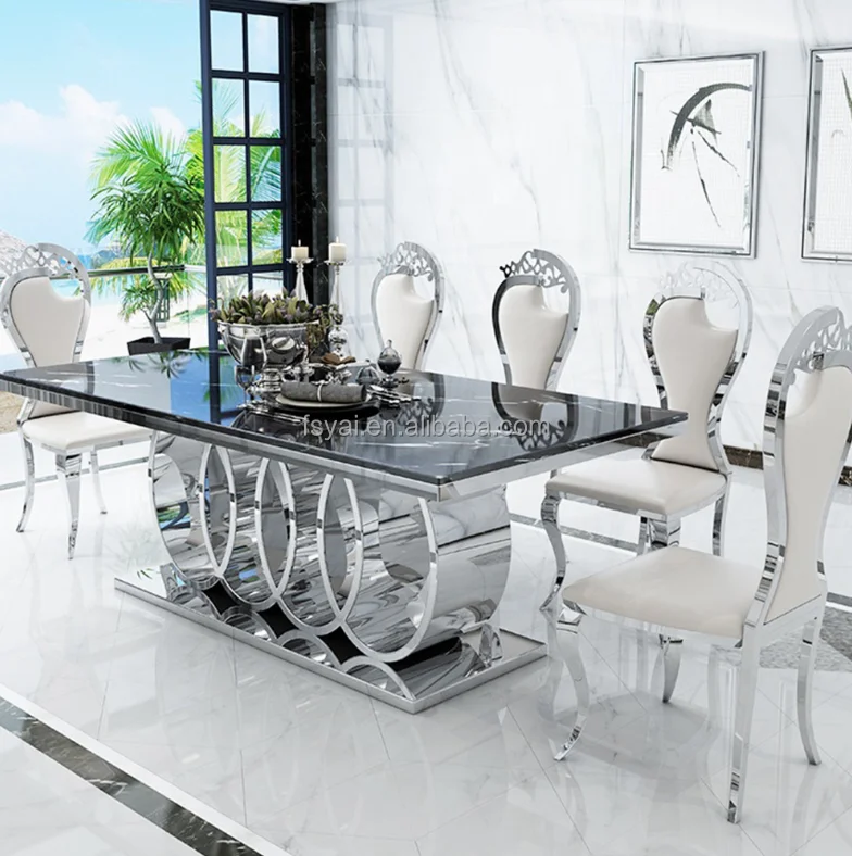 Good Quality Natural Marble Oval Dining Big White And Gold Dinning Table Set 333006