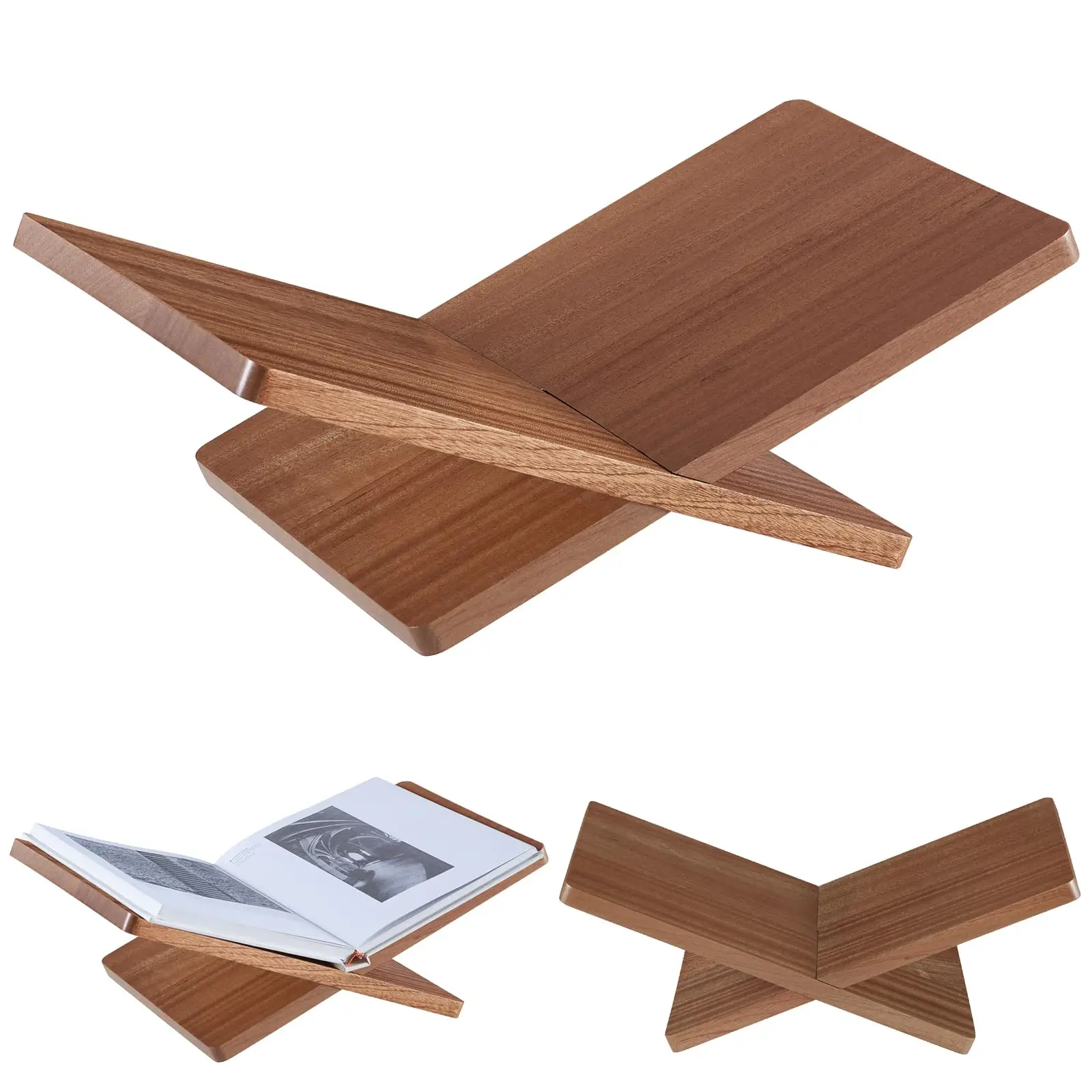 Walnut Wooden Book Stand X-Shaped Sturdy Ergonomic Desktop Reading Rest Cookbook Holder Decorative Display Home Office Kitchen