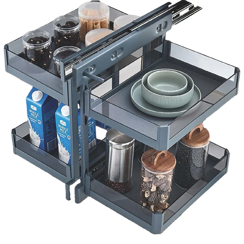 Under Cabinet Pull-Out Tray Pantry Organizer with Glass Gasket Kitchen Hardware Basket Magic Corner Kitchen