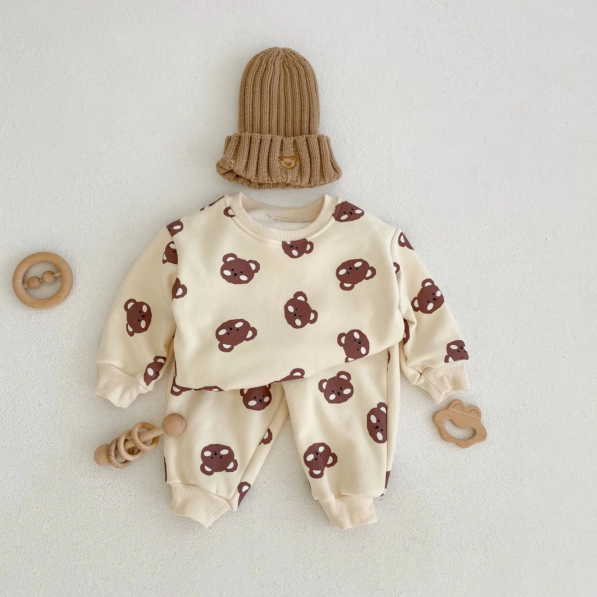 Ins2024 Winter Dress Infant Costume Bear Print Suit Baby Plush Thickened Top+trousers 2 Pieces Ins2024 Winter Dress Infant Costume Bear Print Suit Baby Plush Thickened Top+trousers 2 Pieces