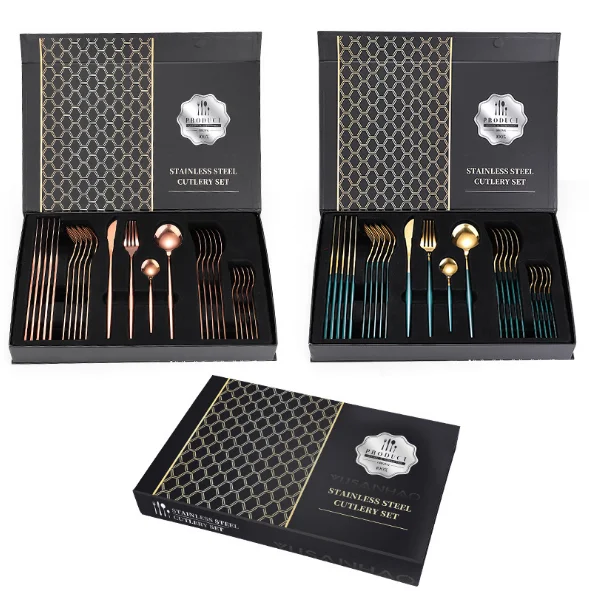 24 pieces stainless steel knife, fork and spoon set, lacquered gold plated tableware gift box